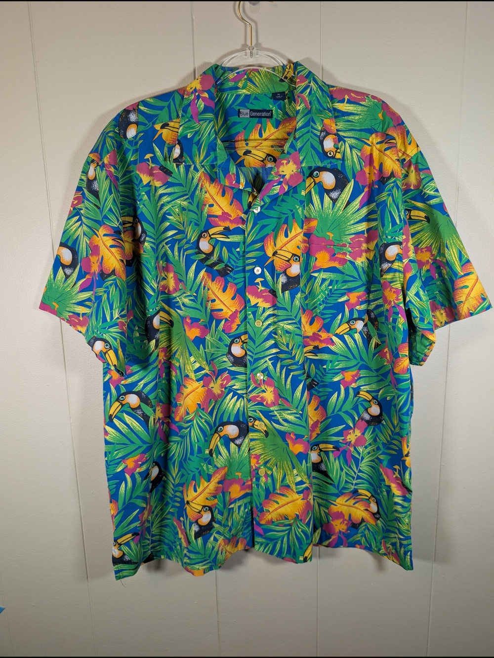 Blue Generation Toucan Tropical Hawaiian Camp Shirt Men’s XL Bright Floral